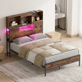 Estrutura de Cama de Casal, 221 x 142 x 141,5 cm (COLCHÃO NÃO INCLUIDO), Iluminação LED Ajustável, Castanho+Preto