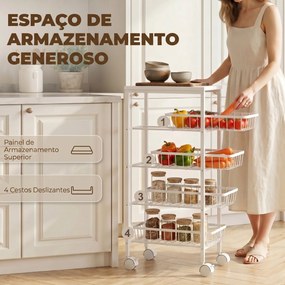 Carrinho Auxiliar com Rodas com 4 Cestos Amovíveis Carga até 15 kg Estrutura Metálica para Sala de Jantar e Casa de Banho 40x24x82 cm Branco