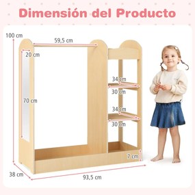 Guarda roupa para crianças com espelho, cabideiro, armário para guardar brinquedos e fantasias 93,5 x 38 x 100 cm Natural