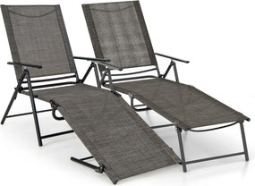 Conjunto de 2 espreguiçadeiras jardim dobráveis com encosto de 6 níveis Assento respirável Estrutura metálica em tecido 189 x 64 x 102 cm Castanho