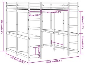 Cama alta c/ secretária e escada 140x200 cm pinho maciço branco