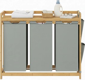 Cesto da roupa suja com 3 compartimentos, bambu, 150 L, 93,8 x 33,8 x 78 cm cinzento