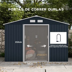 Abrigo de Jardim Metálico para Armazenamento de Ferramentas com Base de Reforço Incluída e 4 Janelas 277x195x192cm Cinza Escuro