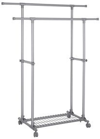 SONGMICS Cabideiro Duplo para Roupas, Extensível, de 87 a 150 cm, com Rodas e Prateleira, Estrutura Resistente, Carga Estática Máxima de 70 kg, para Lenços e Roupas, Cinza LLR13GY