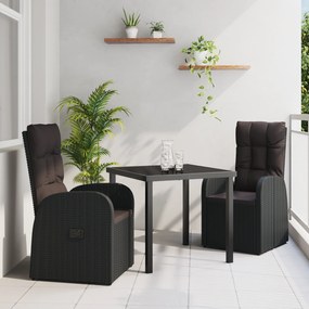 Conjunto de Jantar de Jardim com 3 Peças com Almofadas Preto Rattan Po