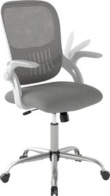 Cadeira de escritório ergonómica com encosto em malha e apoios de braços rebatíveis, ajustável em altura e rodas cinzenta