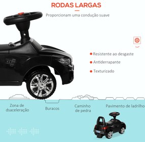 Carro Andador para Crianças com Faróis Música Buzina Volante Compartimento de Armazenamento 63,5x28x36 cm Preto