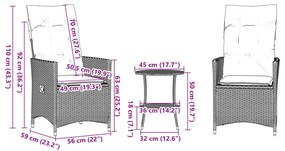3 pcs conjunto bistrô com almofadões vime PE cinza