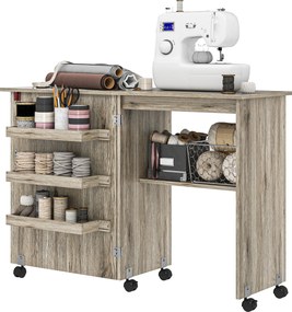 Mesa de costura dobrável 59 L x 40 P x 79,5 A cm (dobrado), móvel de costura com aba, com caixas de arrumação, prateleira aberta e rodas com efeito de