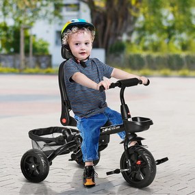 HOMCOM Triciclo Infantil 4 em 1 Bicicleta para Crianças 1-5 Anos com Assento Giratório Capô Ajustável Guidão de Empurre e Apoio para os Pés Dobrável 111,5x52x98cm Preto