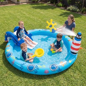 Piscina insuflável infantil 188 x 153 x 63 cm com parque aquático temático marinho, escorrega em forma de tubarão, aspersor de água e jogo de pesca pa