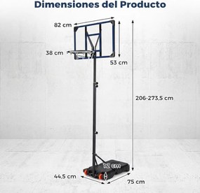 Cesto de basquetebol infantil com altura ajustável (206-273,5 cm), base recheável, rodas, para interior e exterior, preto