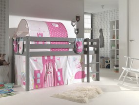 Conjunto Cama alta de Criança PINO 90 x 200 cm + estrado + escada + cortina + 3 Bolsas + Tunel Princesa Cinzenta