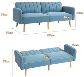 Sofá Cama de 2 Lugares com Encosto Ajustável em 3 Posições Apoio para os Braços e Pés de Madeira 173x75x73 cm Azul Claro