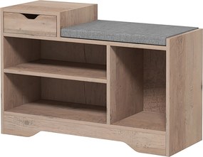 Banco para sapatos com 1 gaveta e 3 compartimentos, com almofada estofada com capacidade para 5 pares, 76,5 x 30 x 52 cm, cinzento