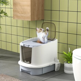 Caixa de areia fechada para gatos com porta translúcida e pá incluída, 40,5 x 52,5 x 42,5 cm, cinzenta