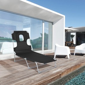 Outsunny Espreguiçadeira de Jardim Reclinável e Dobrável com Orifício de Leitura Apoio para Cabeça e Encosto Ajustável em 4 Níveis para Praia 182x56x24,5 cm Preto