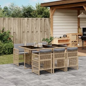 vidaXL 7 pcs conj. jantar jardim c/ almofadões vime PE bege misturado