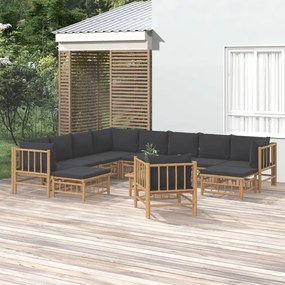 vidaXL 12 pcs conj. lounge de jardim bambu c/ almofadões cinza-escuro