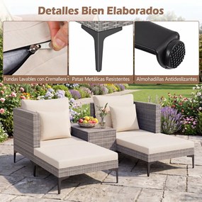 Conjunto jardim de rattan para exterior de 5 peças com mesa auxiliar, 2 sofás, 2 apoios para os pés, almofadas e travesseiros macios, modular, para pá
