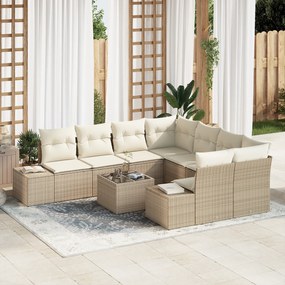 Conjunto de Sofá de Jardim de 9 Peças com Almofadas Bege Rattan Polido
