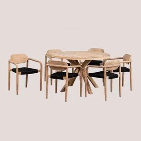 Set De Mesa Redonda (ø120 Cm) Y 6 Sillas De Comedor Con Reposabrazos En Madera Naele Preto - Sklum