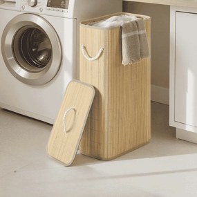 Cesto para roupa suja 60 L,  40 x 22 x 70 cm em bambu com tampa e saco removível natural