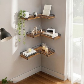 Conjunto de 3 prateleiras de parede em forma de L com design industrial em castanho vintage