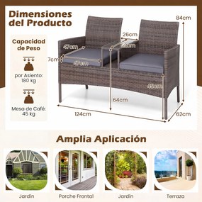 Banco jardim de rattan com mesinha para 2 pessoas em vidro temperado 62 x 124 x 84 cm, estante aberta, estrutura metálica, almofadas e capas laváveis,