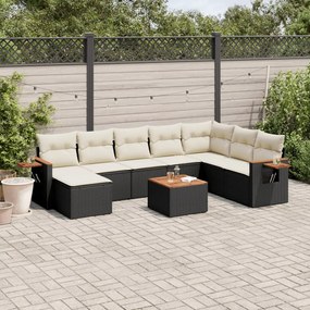 9 pcs conjunto de sofás p/ jardim c/ almofadões vime PE preto