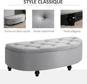 Banco com arrumação acolchoado em semicírculo com revestimento em veludo, pés em madeira de seringueira 120 x 46 x 42 cm, cinzento