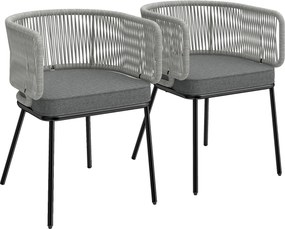 Conjunto de 2 cadeirões de jardim, encosto e braços em corda de resina trançada, almofadas removíveis, 46 x 58 x 72 cm, cinzento claro