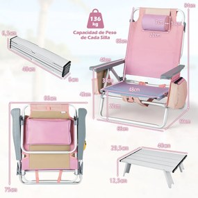 Conjunto de 2 cadeiras reclináveis de exterior com estrutura de alumínio e mesa de jardim, piscina campismo, praia dobraveis Rosa