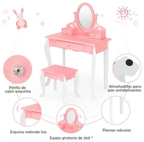 Conjunto de Toucador e Banco para Crianças Mesa de Maquilhagem para Princesas para Meninas com Espelho Rotativo 360° Removível 3 Gavetas Rosa e Branco