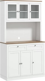 HOMCOM Armário Alto de Cozinha com 3 Portas de Vidro Compartimento Aberto 2 Gavetas e Prateleiras Ajustáveis 100x40x180 cm Branco | Aosom Portugal