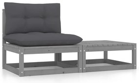 2 pcs conj. lounge de jardim c/ almofadões pinho maciço cinza