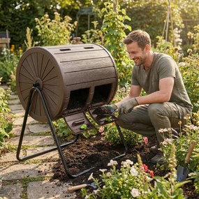 Compostor giratório para jardim com 142 L e câmara dupla, rotação eficiente de 360 graus, cor castanha