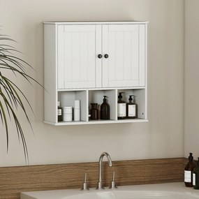 Armário de parede para casa de banho, móvel de arrumação com 2 portas, prateleira ajustável e compartimentos abertos, branco