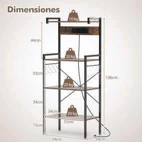 Armário de cozinha com tomadas Estante de micro-ondas de 4 níveis com 8 ganchos 59 x 34 x 136 cm Castanho