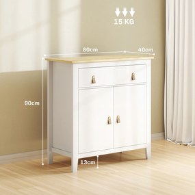 Aparador Sala de Estar Moderno com Gaveta Prateleira Ajustável e Puxadores em PU 80x40x90 cm Branco e Madeira