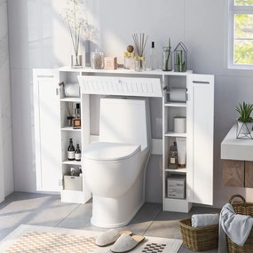 Estante de casa de banho com prateleiras ajustáveis e suporte para papel higiénico Porta articulada 89 x 19,5 x 99 cm Branco