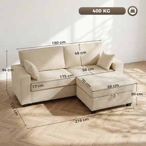 Sofá de 3 lugares 216x 151 x 94 cm com pufe com espaço de arrumação, sofá de canto em veludo canelado, assento largo, 2 almofadas, bege