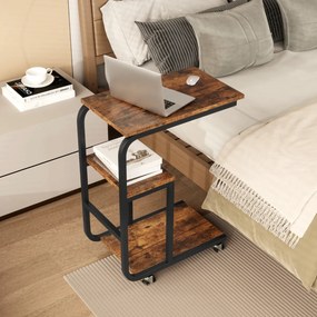 Mesa apoio em forma de C para sofá 53 x 30 x 70 cm com prateleiras abertas Mesa lateral industrial com rodas Castanho