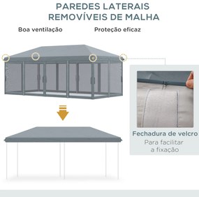 Tenda Dobrável 585x295x270 cm Tenda de Jardim com 6 Mosquiteiros Bolsa de Transporte e Estrutura de Aço Cinza