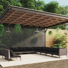 vidaXL 11 pcs conj. lounge jardim c/ almofadões vime PE cinza-escuro