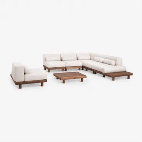 Conjunto De Jardim Com Sofá Modular De Canto De 5 Peças Com Mesas Auxiliares E De Centro E Poltrona Em Acácia Edrien Castanho Acácia - Sklum