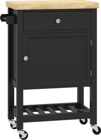 HOMCOM Carrinho de Cozinha com Rodas Carrinho de Serviço Tampo em Madeira de Seringueira Gaveta 63,5x40x90 cm Preto | Aosom Portugal