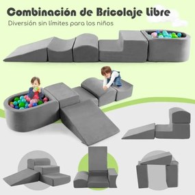 Conjunto de 5 peças para escalada e rampa para crianças Blocos de construção em esponja com piscina de bolas Cobertura lavável Criativa Cinzento