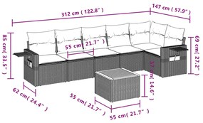 7 pcs conjunto de sofás p/ jardim c/ almofadões vime PE preto