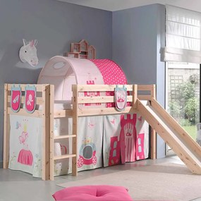 Conjunto Cama alta de Criança PINO 90 x 200 cm + estrado + escada + escorrega + cortina + túnel + bolsas de arrumação Princesa Natural